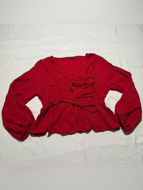 ASOS Design Red Peplum Tie Front V-Neck Women’s Balloon Sleeve Boho Top Sz US 8